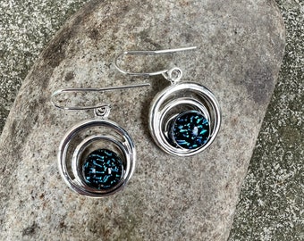 Sparkling Blue Crinkled Dichroic Glass  In A Silver Plated Double Circle Design Earrings FREE P&P