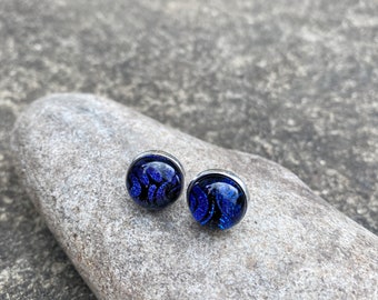 Dazzling Deep Blue Dichroic Glass Set In Silver Plated Stud Earrings FREE P&P