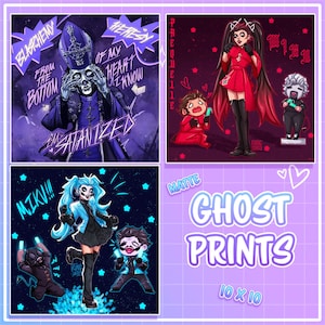 May include: Four different Ghost band-inspired illustrations printed on matte paper. The illustrations feature Papa Emeritus, Nameless Ghouls, and the band's logo. The prints are 10 inches by 10 inches.