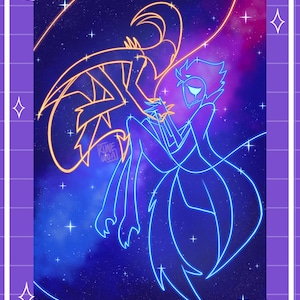 May include: A digital art print featuring two glowing neon-style figures against a deep purple and blue starry galaxy background. One figure is outlined in orange, the other in blue. The text 11x17 is visible in the top right corner.