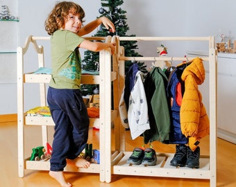 Montessori Wooden Clothes Rack and Wardrobe Set, Child Clothing Organizer, Kids Room Decor, Nursery Furniture, Toddler Wardrobe
