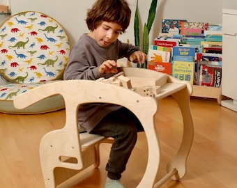2in1 Montessori Wooden Rocking Chair and Table Set, Toddler Seesaw, Kids Furniture for Playroom Decor, First Birthday or Christmas Gift