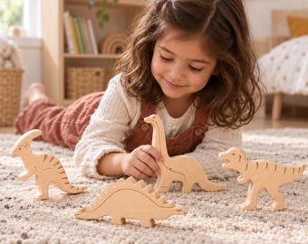 4-Piece Wooden Dinosaur Toy Set, Natural Beech Wood, Montessori Toddler Toy