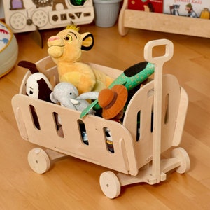 Montessori Wooden Toy Organizer, Kids Rolling Storage Box with Handle, Wooden Toy Box with Wheels, Educational Storage Solution