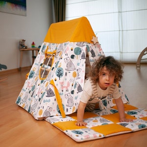 Climbing triangle with tent cover, play mat and ladder/slide ramp for kids, Montessori play gym