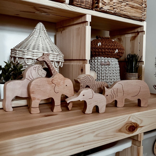 Jouets safari en bois pour bébé, animaux de la jungle pour un jeu imaginatif, cadeau enfant pour garçons et filles pour Pâques