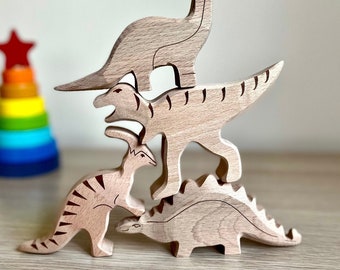 Wooden Dinosaur Toys Set for Toddlers - Eco-Friendly Baby Gift - Montessori Building Toys