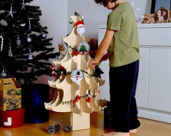 Handmade Wooden Christmas Tree with Stocking Ornaments, Montessori Toddler Christmas Tree, Farmhouse Xmas Nursery Decor, New Year Tree