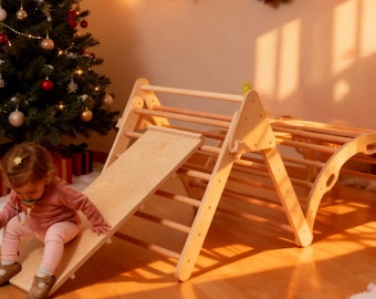 Set van 5 montessoriklimmen voor binnen: houten opvouwbare driehoek, klimboog, 2 hellingen en kussen |  Baby Play Gym, kerstcadeau voor peuters