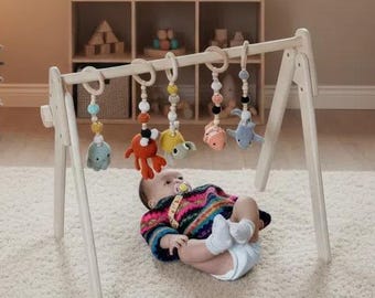 Christmas Montessori Baby Play Gym with Crochet Toys – Wooden Sensory Baby Gift