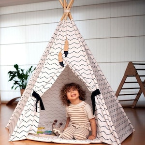 Large Kids Teepee Tent, Montessori Play Tent for Toddlers, Indoor Canvas Playhouse, Teepee with Mat, Boho Nursery Decor