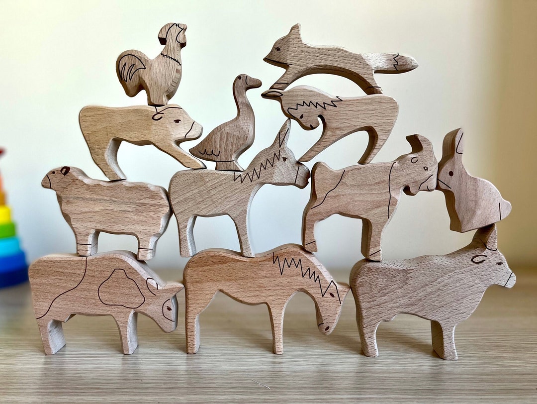 Wooden Farm Animal Toys Set Handmade Baby Shower Gift Montessori Wooden Farm Animal Toys Set Handmade Baby Shower Gift Montessori