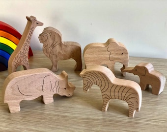 Safari jouets en bois, Animaux en bois faits main pour tout-petit, Jouets écologiques pour enfants, Ensemble de 6 pièces Lion, girafe, rhinocéros, 2 éléphants, zèbre