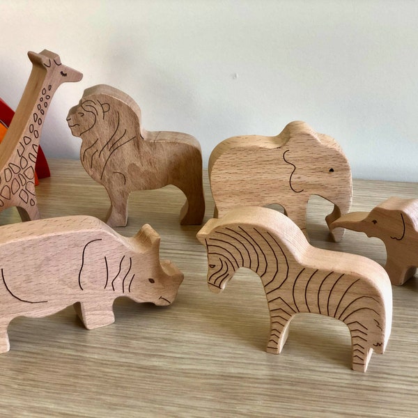 Wooden Toys Safari, Handmade Wooden Animals for Toddler, Eco Friendly Toys for Kids, 6 Pieces  Set Lion, Giraffe, Rhino, 2 Elephants, Zebra