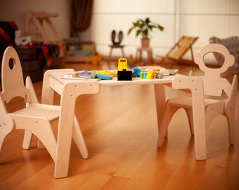 Montessori Kids Table and Chair Set – Handmade Toddler Furniture, Wooden Activity Table with Rocket and Astronaut Chair Designs