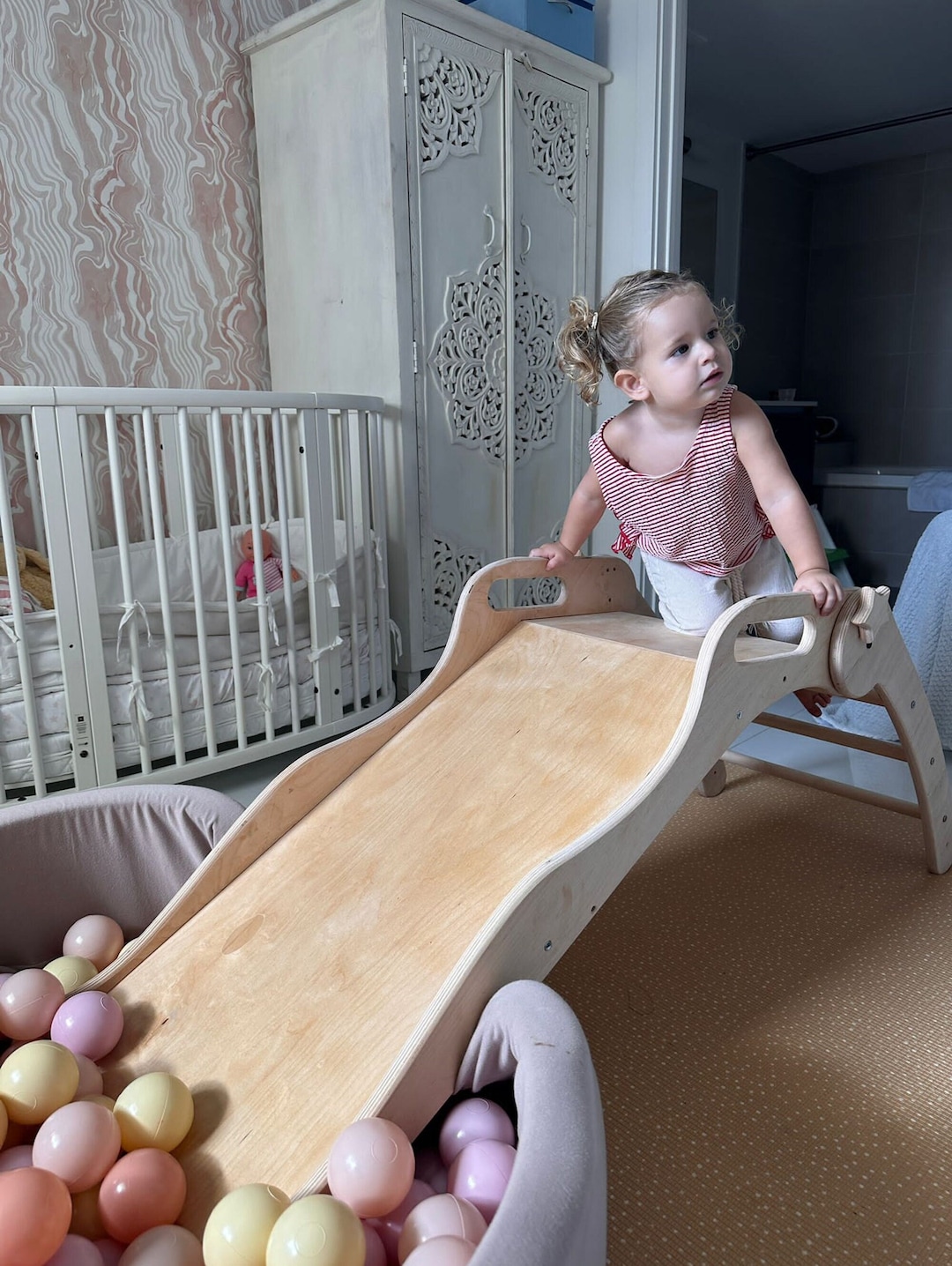 Wooden Indoor Slide for Ball Pit, Wood Toddler Slide, Montessori Baby