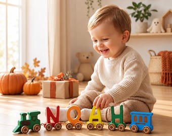 Personalized Wooden Name Train, Custom Made with Child's Name, Natural or Rainbow Letters