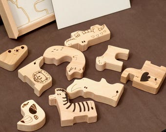 Puzzle di animali da safari, blocchi di legno Montessori, giocattolo educativo per bambini, set di puzzle di animali fatti a mano, giocattolo di legno da safari, giocattoli Waldorf