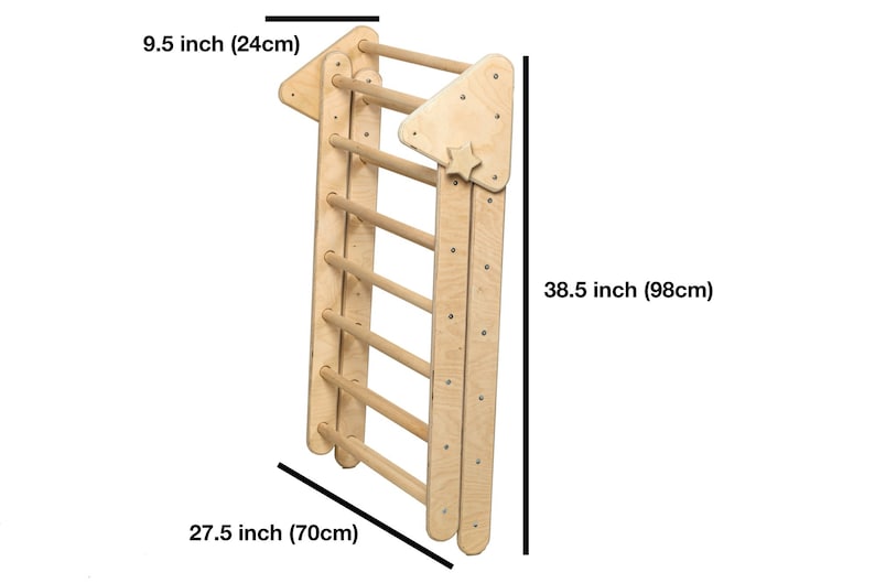 May include: Wooden climbing ladder with 6 rungs, 27.5 inches wide, 38.5 inches tall, and 9.5 inches deep. The ladder is made of natural wood and has a triangular top.