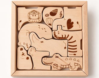 9-Piece Beech Wood Safari Animal Puzzle Box, Montessori-Inspired Toddler Toy