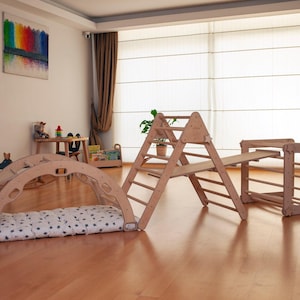 Montessori Climber Set, Wooden Climbing Triangle with Ramp, Foldable Toddler Gym, Indoor Play Equipment, Kids Climbing Arch and Cube