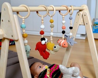 Baby Sensory Play Gym, Hanging Baby Gym Toys, Crochet Rattle Toy, Wooden Baby Activity Center, Personalized Newborn Gift, Baby Shower Gift