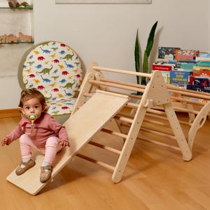 Montessori Wooden Climber Set for Toddlers, Indoor Playground Furniture, Climbing Triangle and Arch Swing Pillow, Kids Ladder, Toddler Gifts