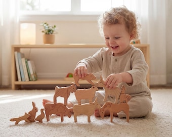 12 Piece Wooden Farm Animal Set, Montessori Toy for Toddlers