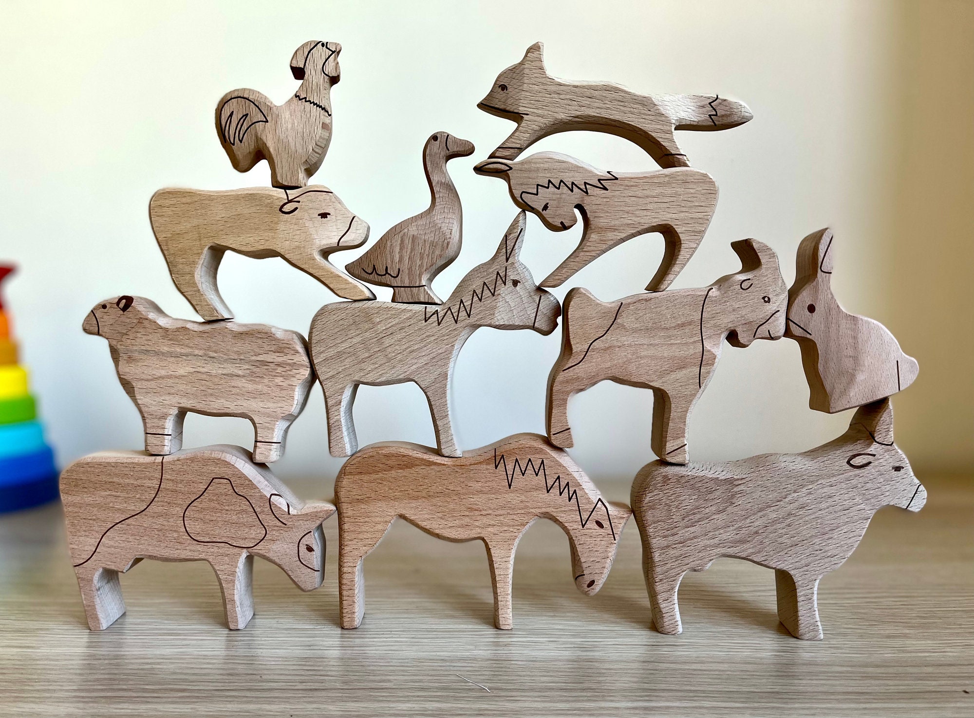 12 Pieces Wooden Animals Toys Set, Wooden Toy Farm and Animals for Toddler  