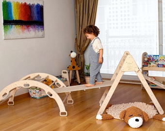 5 pieces Montessori Climbing Set for Kids, Large Size Foldable Climbing Triangle, Climbing Arch, Pillow, Rockwall Ladder Board Slide