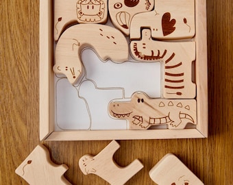 9 Piece Wooden Montessori Animal Puzzle Box, Natural Wooden Toy Animals, Waldorf Sensory Toy, Toddler Learning Toys, Open Ended Play
