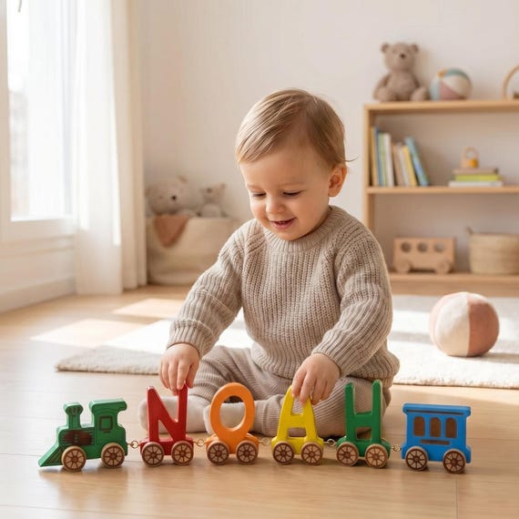 The classic name puzzle gets a locomotive upgrade — a push-along train where each car spells out baby's name, doubling as a Montessori toy and a keepsake.