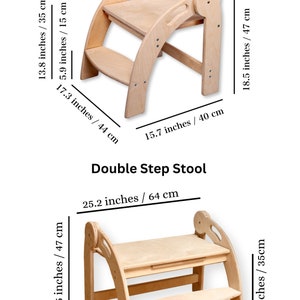 May include: Two wooden step stools, one with a single step and one with a double step. The single step stool is 18.5 inches tall and 15.7 inches wide. The double step stool is 25.2 inches wide and 18.5 inches tall.