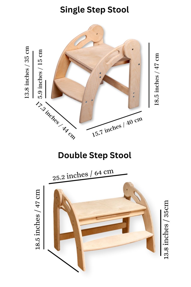 May include: Two wooden step stools, one with a single step and one with a double step. The single step stool is 18.5 inches tall and 15.7 inches wide. The double step stool is 25.2 inches wide and 18.5 inches tall.