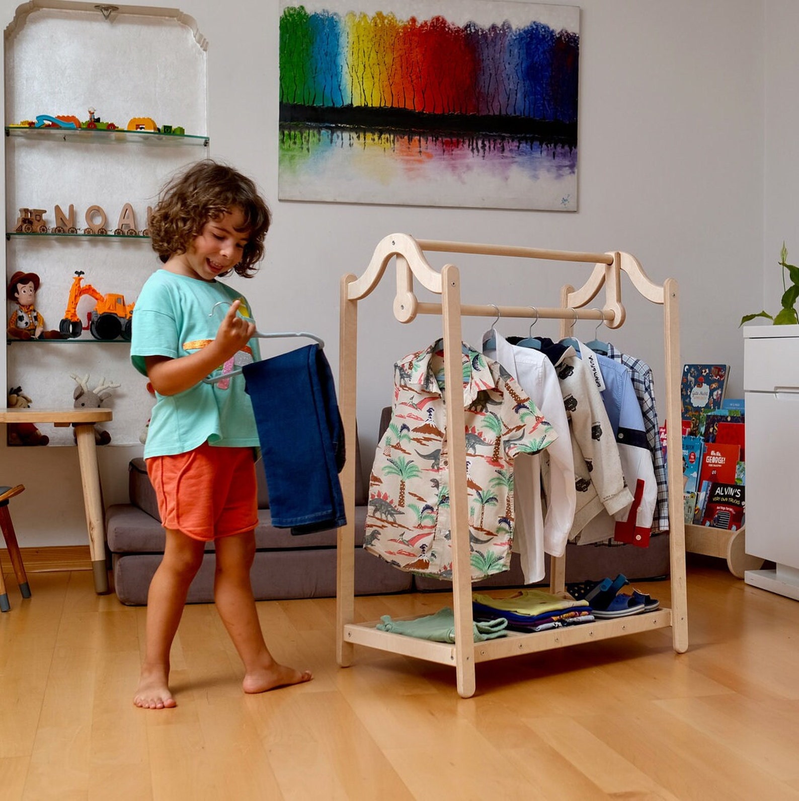 Mellow Racks Children Montessori Wooden Kids Clothing Rack, Dress up Storage for Playrooms ...