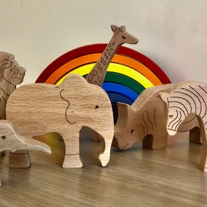 African Wooden Animals Play Set, Wooden Zoo Animals, Wooden Animals, Safari Animal Toys, Carved Wood Animal Toys, Montessori Animal Toys