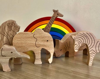 African Wooden Animals Play Set, Wooden Zoo Animals, Wooden Animals, Safari Animal Toys, Carved Wood Animal Toys, Montessori Animal Toys