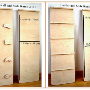 May include: Two wooden panels, each measuring 43.5 inches tall and 13.8 inches wide. The panel on the left has a rock climbing wall with five different shaped handholds. The panel on the right has four horizontal wooden rungs. Both panels have the text "Slide Ramp 2 in 1" printed on them.