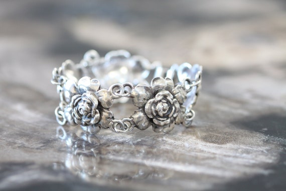 Vintage Sterling Silver 925 Flower Double Link Bracelet