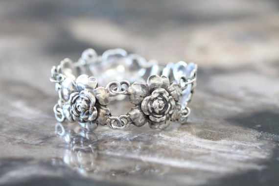 Vintage Sterling Silver 925 Flower Double Link Br… - image 1