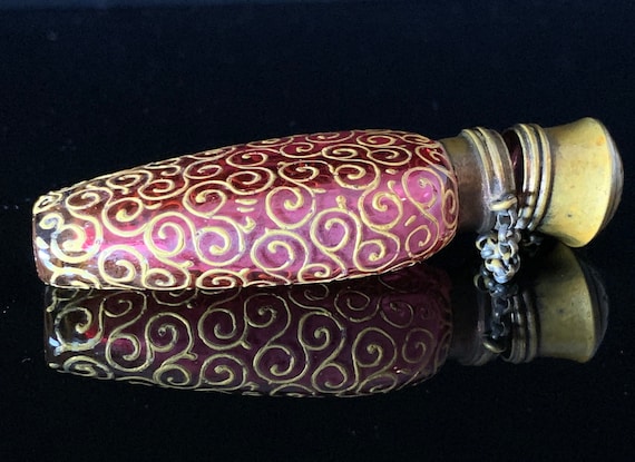 Antique 1800s Gold Gilt Filigree Enamel Cranberry… - image 2