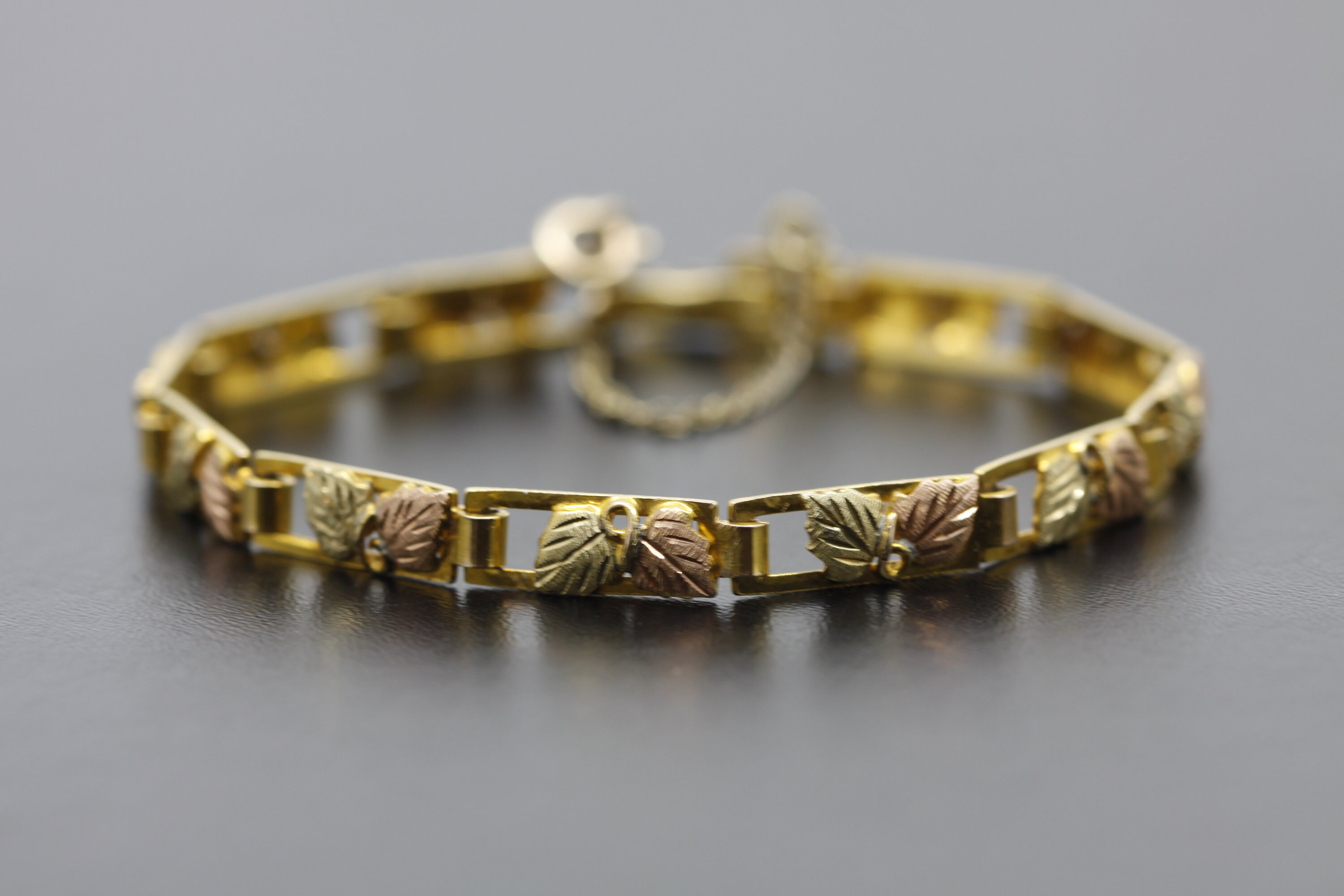 10K 12K Dainty Black Hills Landstrom s Gold 7 Bracelet With Tri color Gold Leaf Design and Safety Chain Latch Etsy