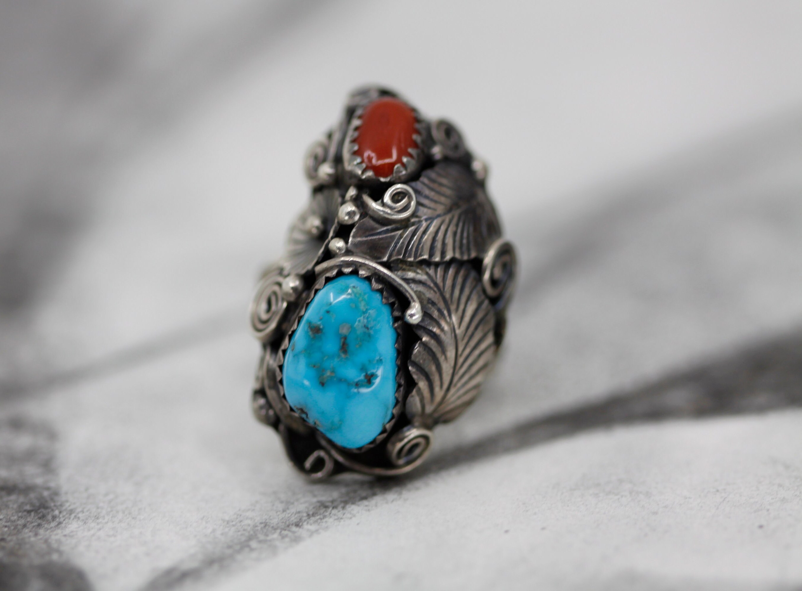 Hopi Vernon Mansfield Turquoise and Red Coral Sterling Silver Ring 