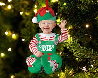 Personalized Cute Baby Elf Ornament, Custom Photo Ornament, Baby Elf Christmas Ornament, First Christmas Ornament, Kids Ornament