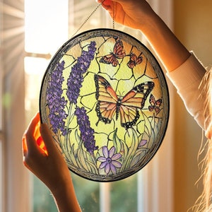 Monarch Butterfly Glass Suncatcher, Butterfly And Lavender Suncatcher, Gift for Butterfly Lovers, Flower Glass Art, Window Hangings