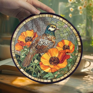 California Quail On Poppies Glass Suncatcher, California Quail Decor, Bird Glass Suncatcher, Bird Suncatcher Decor, Wall Hanging Decor