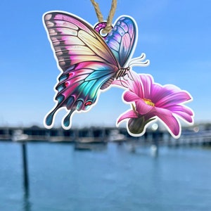 Butterfly With Flower Suncatcher, Butterfly Acrylic Window Hanging Decor, Housewarming Gift, Butterfly Suncatcher Ornament