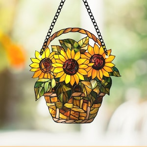 Sunflower Basket Suncatcher, Sunflower Acrylic Window Hanging Decor, Housewarming Gift, Sunflower Suncatcher Ornament