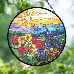 Wildflowers Glass Suncatcher, Sunset Glass Sun Catcher Window Hangings, Flowers Suncatcher Gift, Housewarming Gift, Wall Hanging Decor