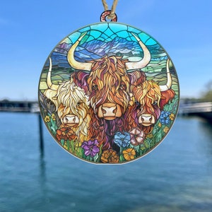 Cute Highland Cows Acrylic Suncatcher, Cow Suncatcher, Farm Animal Window Hanging, Farmhouse Decor, Housewarming Gift